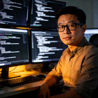 技术总监陈昊肖像，戴着眼镜，背景为代码屏幕